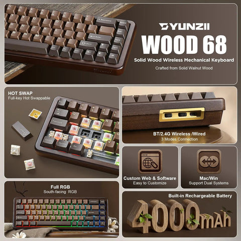 Built Different 65 Percent Wireless Mechanical Keyboard Featuring Solid Walnut Wood Shell And Hot Swap Switches with RGB lighting.
