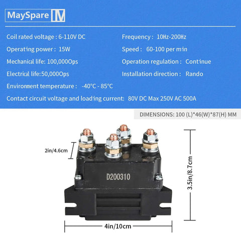 12V Winch Solenoid Relay for 8000-15000lb ATVs and UTVs, waterproof design, with dimensions and technical specifications shown.