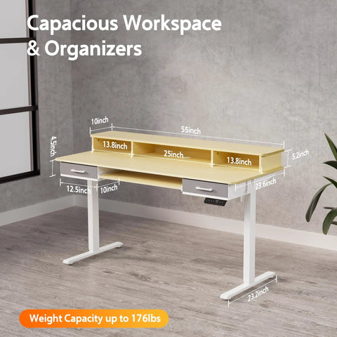 WALKINGDESK 55 Inch Electric Standing Desk With Keyboard Tray Height Adjustable Sit Stand Table Featuring Two Drawers ergonomic design with dimensions and weight capacity.
