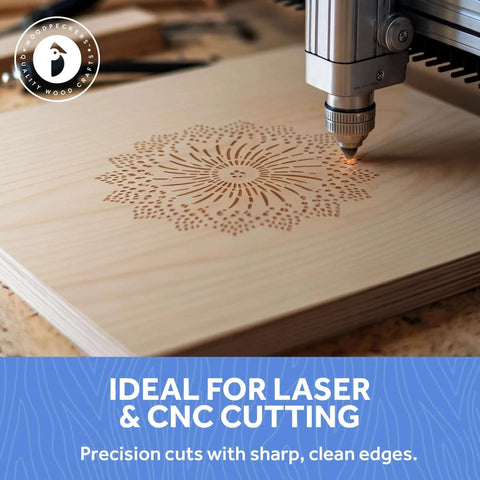 Baltic birch plywood sheet being laser-cut by a CNC head; intricate circular mandala pattern engraving.
