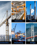 Collage of images depicting construction crane, automotive robots, industrial chimneys, ships, and a suspension bridge.