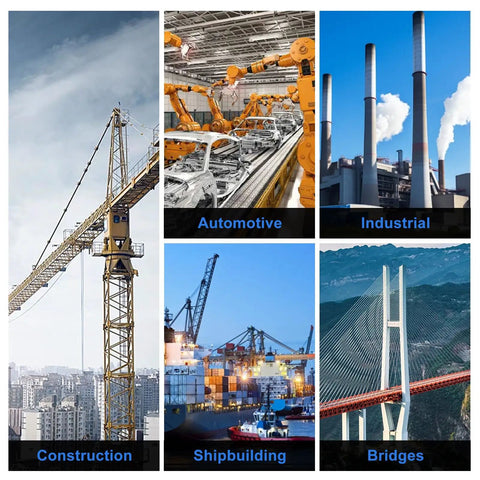 Collage of images depicting construction crane, automotive robots, industrial chimneys, ships, and a suspension bridge.