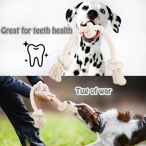 Natural White Cotton Dog Rope Toy For Medium And Large Dogs Built Tough And Non Toxic Premium Durable Rope Toy For Chewing Teeth Cleaning And Interactive Tug And Fetch Washable, shown with dogs playing and chewing.