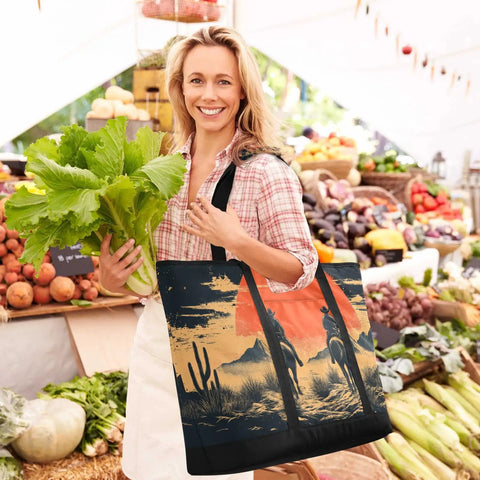 Woman holding lettuce and Western Desert Cowboy Insulated Cooler Bag Reusable Thermal Tote with Big Capacity for Shopping Picnics Beach Trips Travel and Camping Leak Proof Lunch Box Triple Layer Insulation Keeps Food Cold or Hot All Day at market