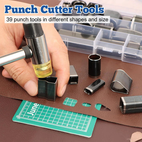 Close-up of hand using All In One Leather Punch Kit With 52 Shape Punch Cutters, cutting shapes on leather with cutting mat.