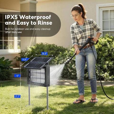 Woman washing Dual Powered Mosquito Zapper With 4500V Electric Grid USB Recharge Auto On Off IPX5 Waterproof Outdoor Fly Trap.
