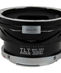 TLT RokR Tilt Shift Lens Mount Adapter For Mamiya 645 MF Lenses To Canon EOS RF Mount Mirrorless Cameras With Infinity Focus 20mm Shift 10 Degree Tilt 360 Degree Rotation Pro Grade Build, black metal adapter front view