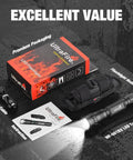 1000 Lumen Tactical Flashlight With Duty Belt Holster, packaging, USB-C cable, instruction manual, and flashlight beam