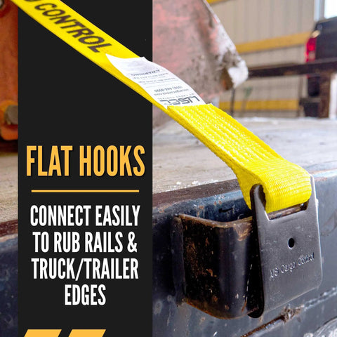 Close-up of yellow 2 In X 50 Ft Ratchet Straps With Flat Hooks for truck trailer connection and securement use.