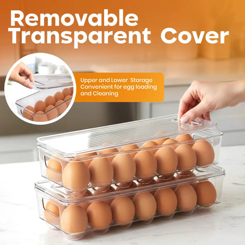 Clear 14 Slot Egg Container With Lid And Handle For Fridge Stackable Egg Tray Organizer for Kitchen Storage, two stacked trays holding eggs.
