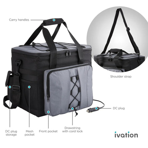Portable Electric Cooler Bag And Thermoelectric Travel Fridge With 18 Liter Soft Sided Build, with carry handles and DC plug.