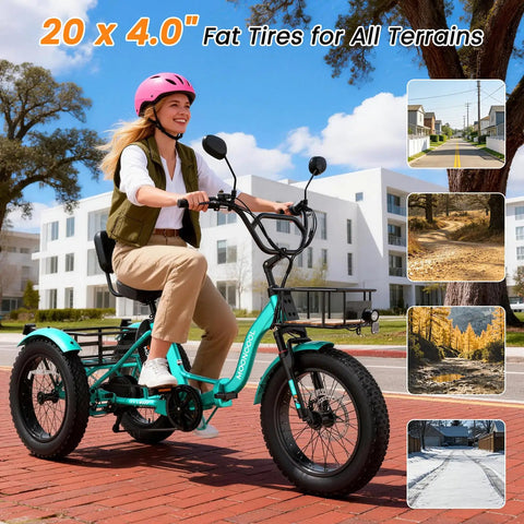 Electric Tricycle For Adults With 3 Wheels And Rear Differential, 500W And 750W Motor, Fat Tires 20x3 And 20x4, rider on mint green 20 x 4.0" fat tire trike