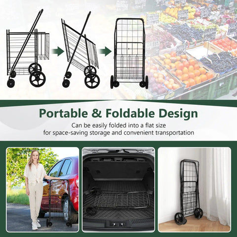 Jumbo Folding Shopping Cart On Swivel Wheels With Dual Basket, Heavy Duty Utility Cart in folded position, portable design