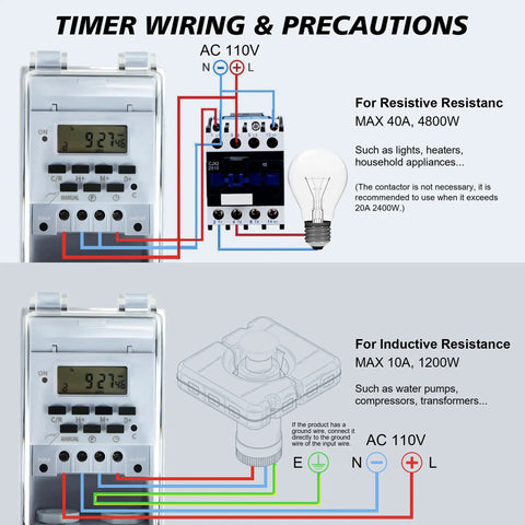 Diagram showing wiring for Rock Solid Heavy Duty Waterproof Programmable Timer Switch For Indoor And Outdoor Use with light and pump connections.