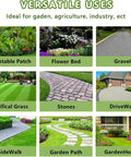 Collage of garden applications for Heavy Duty Weed Barrier Landscape Fabric including vegetable patch, flower bed, and driveway.