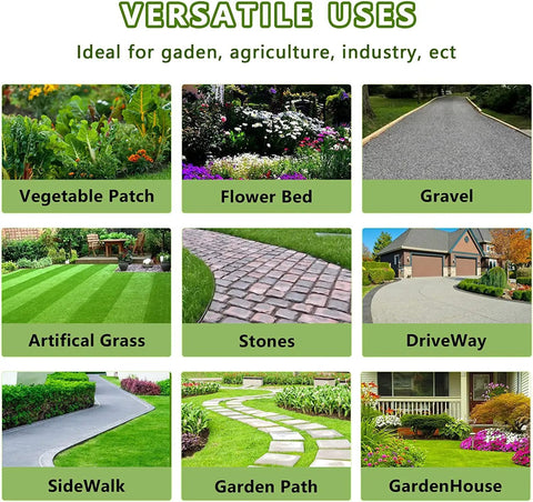 Various garden uses collage: vegetable patch, flower bed, gravel, artificial grass, stones, driveway, sidewalk, garden path, garden house.