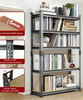 Beefy Five Tier Garage Shelving Unit With 2450 Lb Total Capacity And Adjustable Shelves filled with books and decor items.
