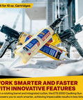 Yellow Composite Caulk Gun For 10 Oz Cartridges No Drip Quick Retracting Mechanism displayed with cartridges outdoors