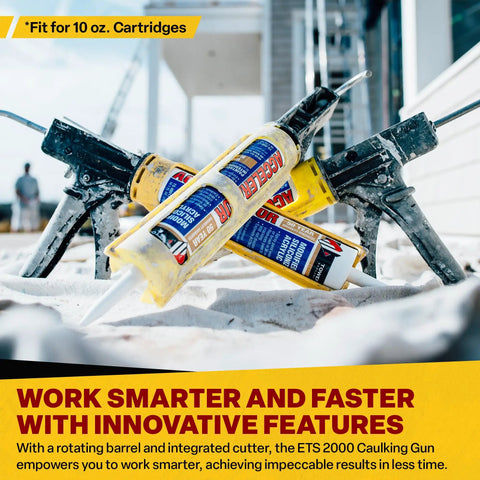 Yellow Composite Caulk Gun For 10 Oz Cartridges No Drip Quick Retracting Mechanism displayed with cartridges outdoors