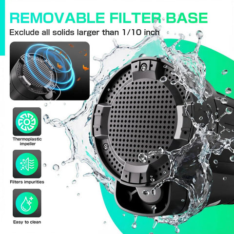 Removable filter base of Powerful Submersible Sump Pump 1/3 HP 2400 GPH with 3/4 Inch GHT, excludes solids over 1/10 inch