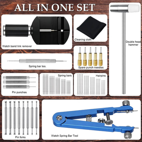 Must Have Watch Band Repair Kit For Metal Straps with link remover, spring bar pliers, pin punches, forks, hammer, and tools