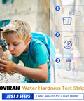 Child drinking water next to Water Hardness Test Strips Kit 150 Strips For Home, Aquarium, Pool, And Spa, Easy 15 Second Hard Water Test