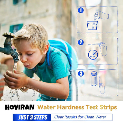 Child drinking water next to Water Hardness Test Strips Kit 150 Strips For Home, Aquarium, Pool, And Spa, Easy 15 Second Hard Water Test