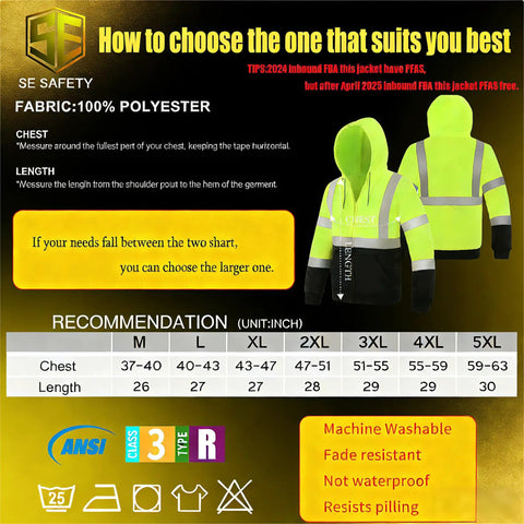 Sizing chart for High Visibility Class 3 Zip Up Hoodie Sweatshirt For Men With Reflective Stripes Padded Lining
