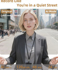 Person using AI Noise Filter Wireless Lavalier Microphone with Charging Case for iPhone 17 and Android in a city street.