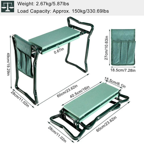 Versatile Garden Kneeler And Seat Foldable Bench With Tool Pouch And Soft Kneeling Pad shown in dimensions and weight details