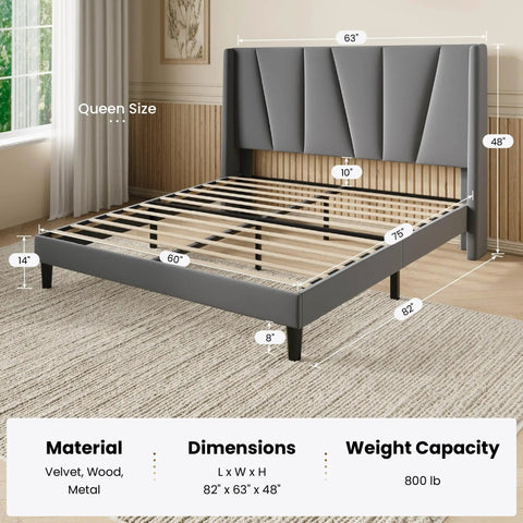 Flat Out Comfy Queen Size Upholstered Platform Bed Frame With Wingback Headboard and High Density Foam Padding Wrapped In Soft Breathable Velvet Fabric For Stylish Grey Rooms in a well-lit bedroom.