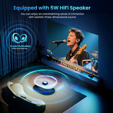 Living room setup with Ultra Bright 4K Outdoor Projector With WiFi 6 And Bluetooth 5.3 Netflix Ready projecting on large screen