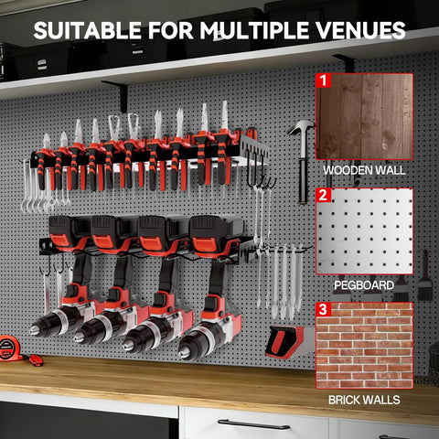 Power Tool Organizer Wall Mount Two Tier Storage Rack For Garage And Home Shop with side hooks holding drills, screwdrivers, and pliers on pegboard