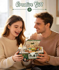 Couple admiring assembled Retro Coffee Truck 3D Wood Puzzle Kit For Adults DIY Model Craft Building Set as a gift.