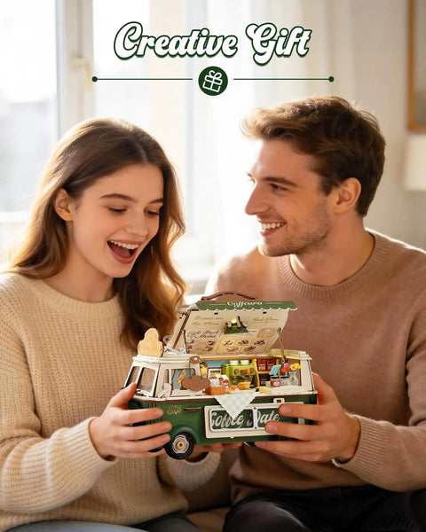 Couple admiring assembled Retro Coffee Truck 3D Wood Puzzle Kit For Adults DIY Model Craft Building Set as a gift.