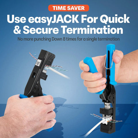 Hands using EasyJACK tool on 90 Degree Angled Cat6 Keystone Jacks 50 Pack In White With Slim Profile RJ45 Connectors