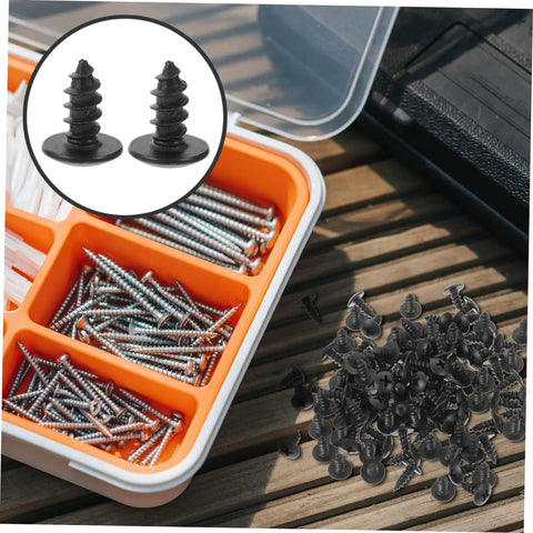Miniature Metal Screws Set Of 100 Self Tapping Mounting Fasteners For Furniture Repair And DIY Projects with storage case.