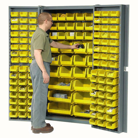 Built Tough Deep Door Bin Cabinet With 132 Yellow Plastic Storage Bins featuring a user accessing storage bins for organized workshop gear.
