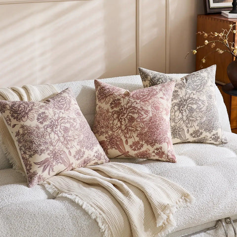 Floral Vintage Pillow Covers 24x24 Inch Set Of 2 Cream Beige Unbleached Natural Cotton Throw Pillow Covers With Block Print Design Neutral Boho Farmhouse Style For Living Room Sofa Couch Decor on sofa