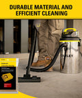 Man using vacuum with 4 To 5 Gallon Wet Dry Vacuum Disposable Filter Bags 3 Pack For Heavy Duty Cleanup, packaging in view.