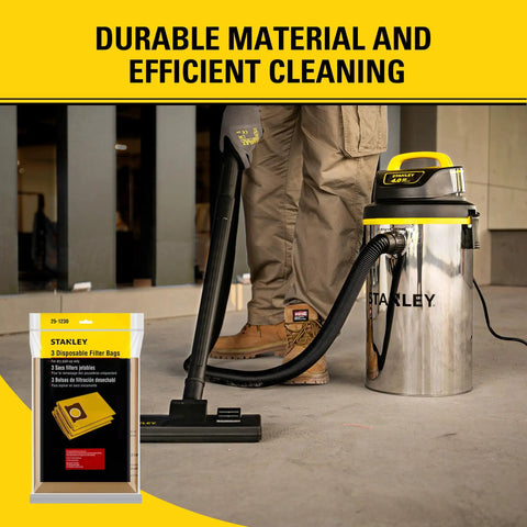 Man using vacuum with 4 To 5 Gallon Wet Dry Vacuum Disposable Filter Bags 3 Pack For Heavy Duty Cleanup, packaging in view.