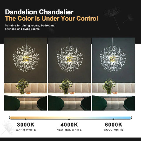 Gold Modern 8 Light Crystal Sputnik Dandelion Chandelier Pendant Lighting For Living Room Bedroom Dining Hallway Foyer Kitchen Island Glam Statement Fixture With Crystal Shine And Sparkle That Elevates Any Space, shown in three color temperatures.