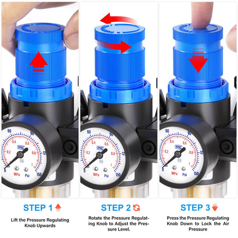 Steps to adjust pressure on Air Filter Pressure Regulator Kit With Lubricator Cup For One Quarter Inch NPT Systems, 0-145 Psi Gauge