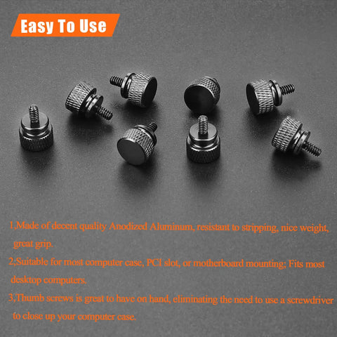 Ten Piece Pack Of 6-32 Thread Black Anodized Aluminum Thumb Screws With A Slick Finger Grip Design Great For Computer Cases Hard Drives And Psu Brackets Built Tough For No Sweat Assemblies Always arranged on a dark background.