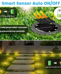 12 Pack Solar Powered Ground Lights for Outdoor Garden, close-up of solar disk on grass, and illuminated pathway at night.