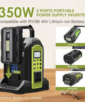 Portable 350W Power Inverter For Ryobi 40V Batteries, Pure Sine Wave DC 40V To 120V AC Converter, 6 Output Ports, LED Light
