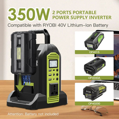 Portable 350W Power Inverter For Ryobi 40V Batteries, Pure Sine Wave DC 40V To 120V AC Converter, 6 Output Ports, LED Light