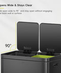 Dual Compartment Trash And Recycling Bin In Black Stainless Steel, 60L Capacity, 90-degree open lids, removable inner buckets