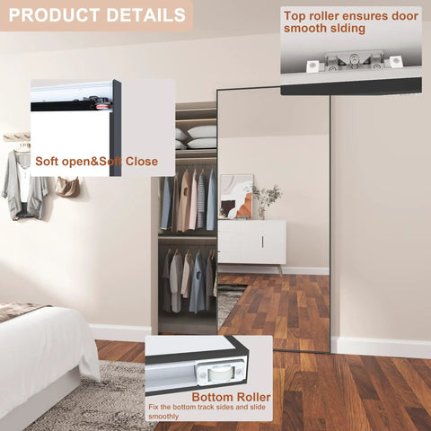 Badass Quality Mirrored Sliding Barn Door Featuring Slick Steel Construction And No Fuss Soft Close Track Designed For Easy Home Makeovers With Prime Cut Safety Backed Glass Pane, top and bottom roller detail.
