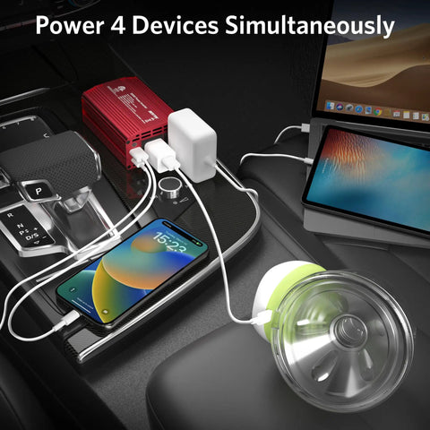 Heavy Duty Car Power Inverter Converts 12V DC To 110V AC With Dual US Socket Outlets And A Rock Solid 300 Watt Continuous Build powering smartphone and other devices in a car.